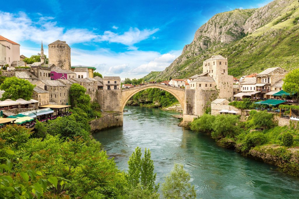 Old Bridge crossing the Neretva River in Mostar Bosnia and Herzegovina
