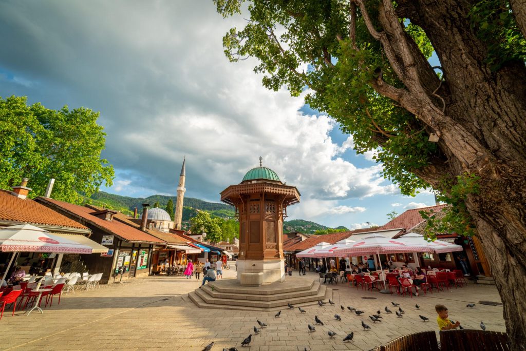 Old Bridge crossing the Neretva River in Mostar Bosnia and Herzegovina