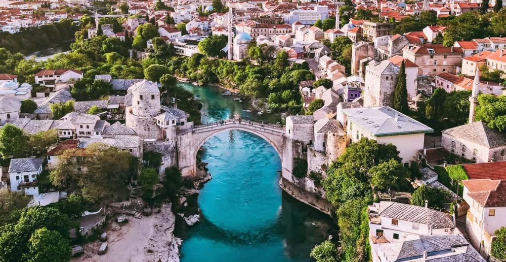 Old Bridge crossing the Neretva River in Mostar Bosnia and Herzegovina